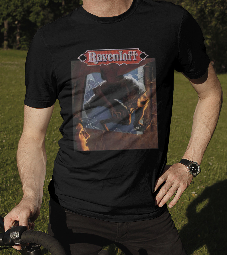 Ravenloft Dark Of The Moon Wolf And Person In Broken Window Scene T-Shirt