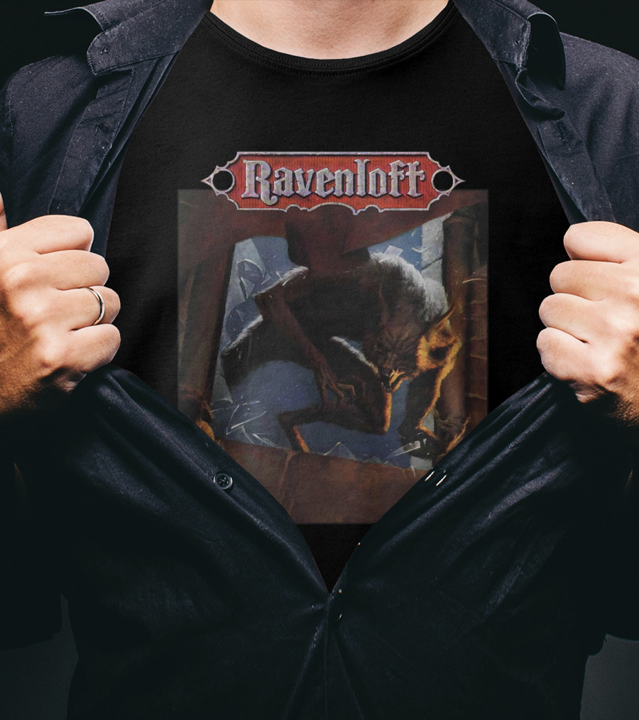 Ravenloft Dark Of The Moon Wolf And Person In Broken Window Scene T-Shirt