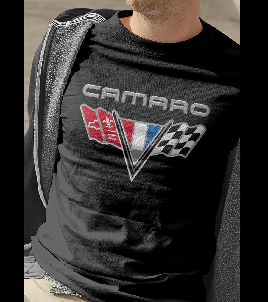Camaro Chevrolet Racing Flags Logo With Emblems T-Shirt