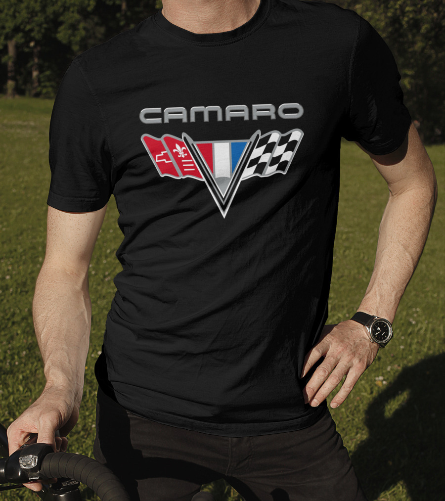 Camaro Chevrolet Racing Flags Logo With Emblems T-Shirt