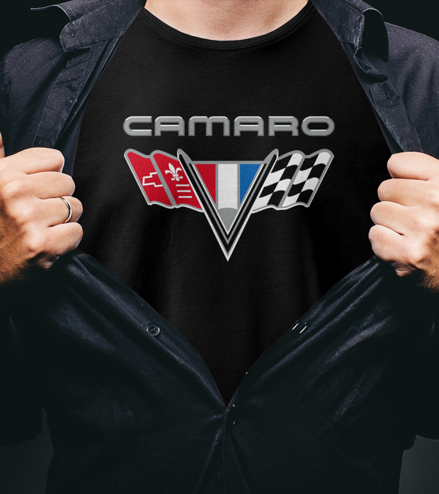Camaro Chevrolet Racing Flags Logo With Emblems T-Shirt