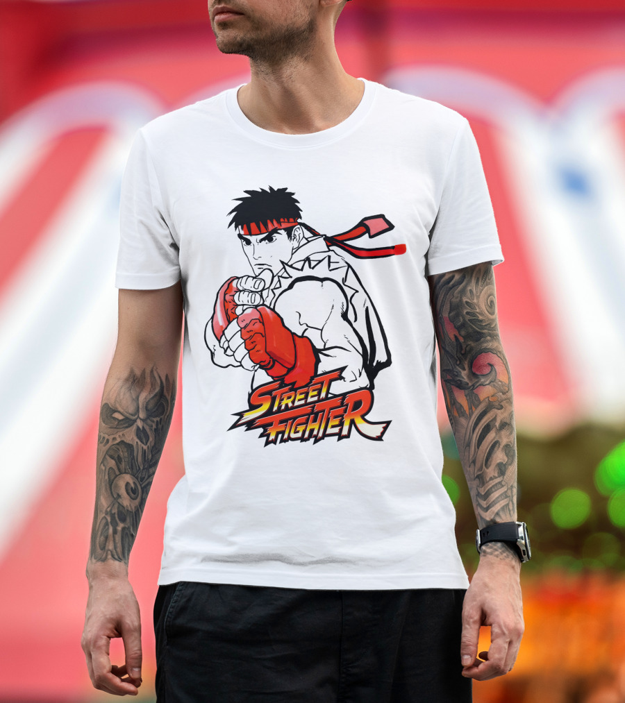 Street Fighter Ryu Red Gloves and Bandana Fighting Pose T-Shirt