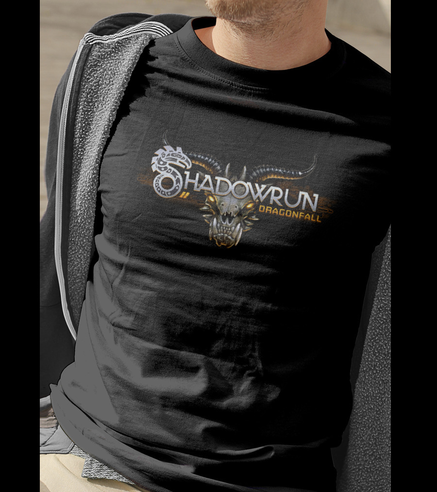 Shadowrun Dragonfall Logo With Mechanical Dragon Head And Tribal T-Shirt