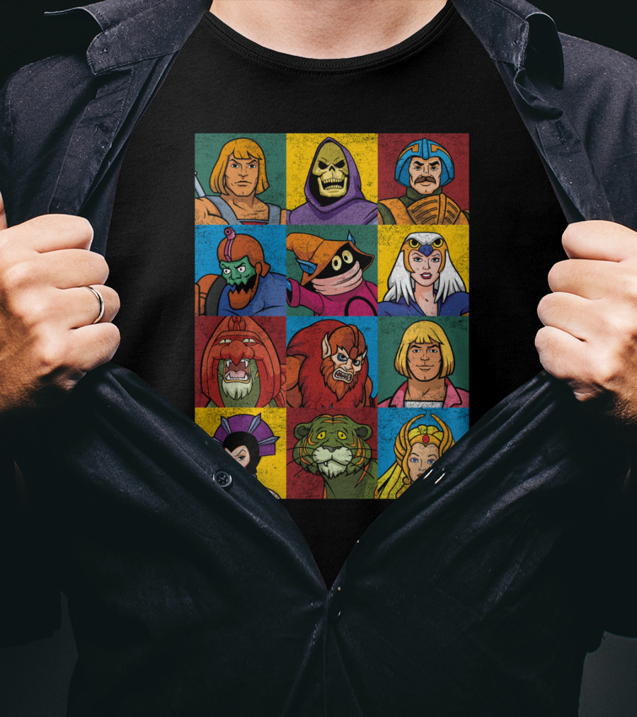 MASTERS OF THE UNIVERSE He-Man Skeletor Teela Orko Man-at-Arms Battle Cat Beast Man Evil-Lyn Vintage Characters T-Shirt