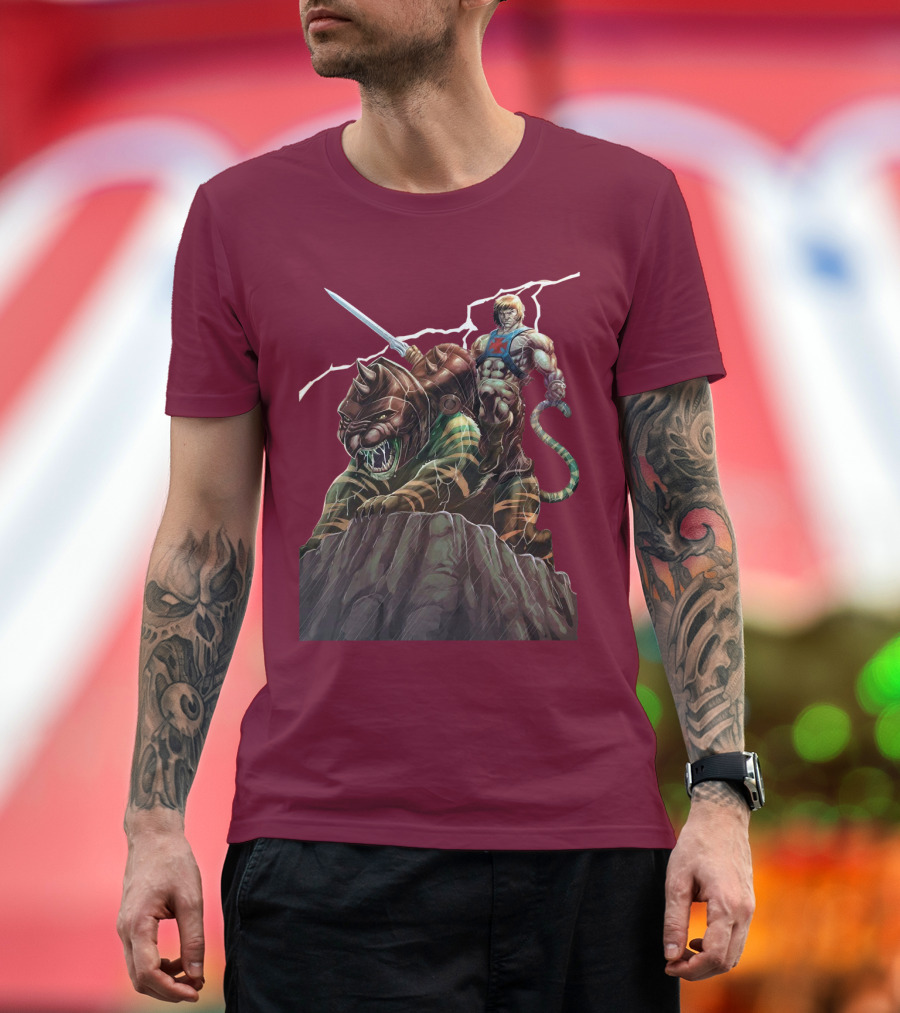 He Man Masters of the Universe Sword and Battle Cat on Cliff with Lightning T-Shirt