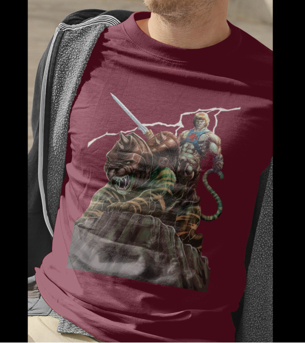 He Man Masters Of The Universe Sword And Battle Cat On Cliff With Lightning T-Shirt