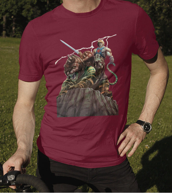 He Man Masters Of The Universe Sword And Battle Cat On Cliff With Lightning T-Shirt