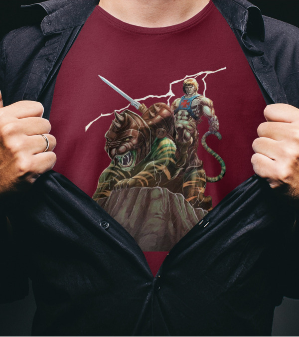 He Man Masters Of The Universe Sword And Battle Cat On Cliff With Lightning T-Shirt
