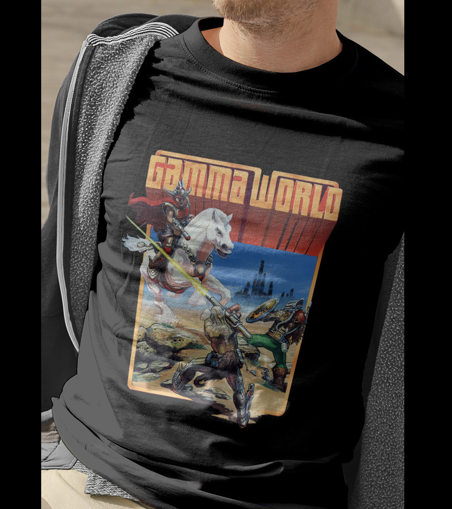 Gamma World Adventure Battle Scene With Futuristic Warriors And White Horse T-Shirt