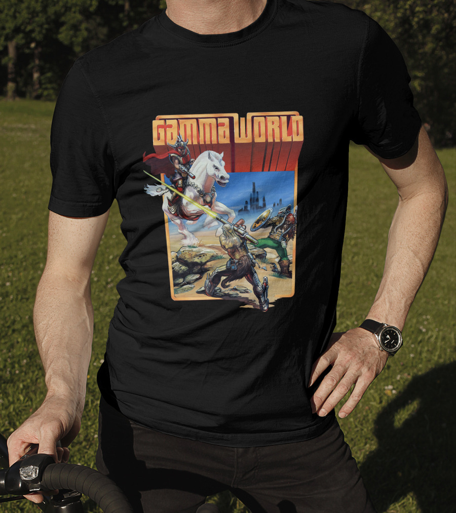 Gamma World Adventure Battle Scene With Futuristic Warriors And White Horse T-Shirt