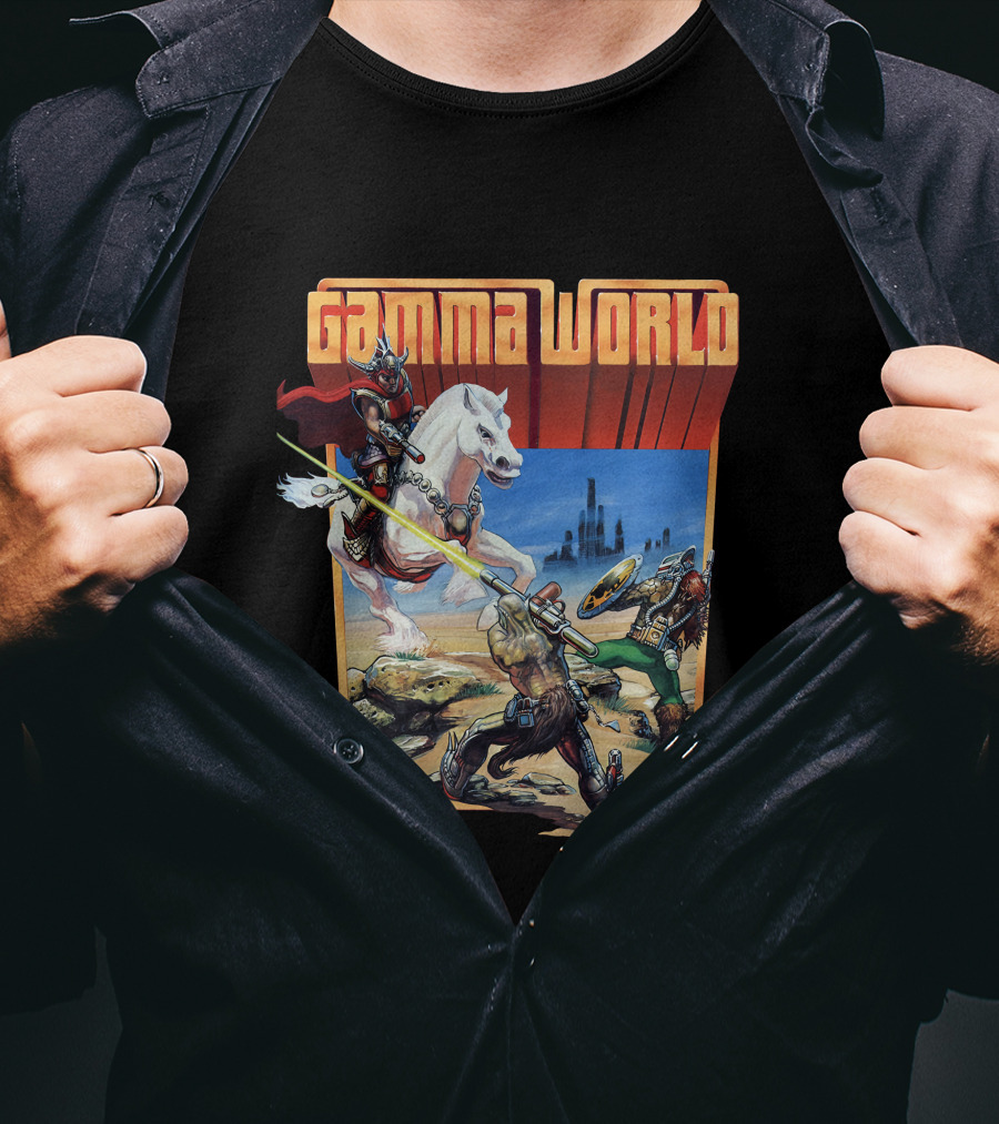 Gamma World Adventure Battle Scene With Futuristic Warriors And White Horse T-Shirt