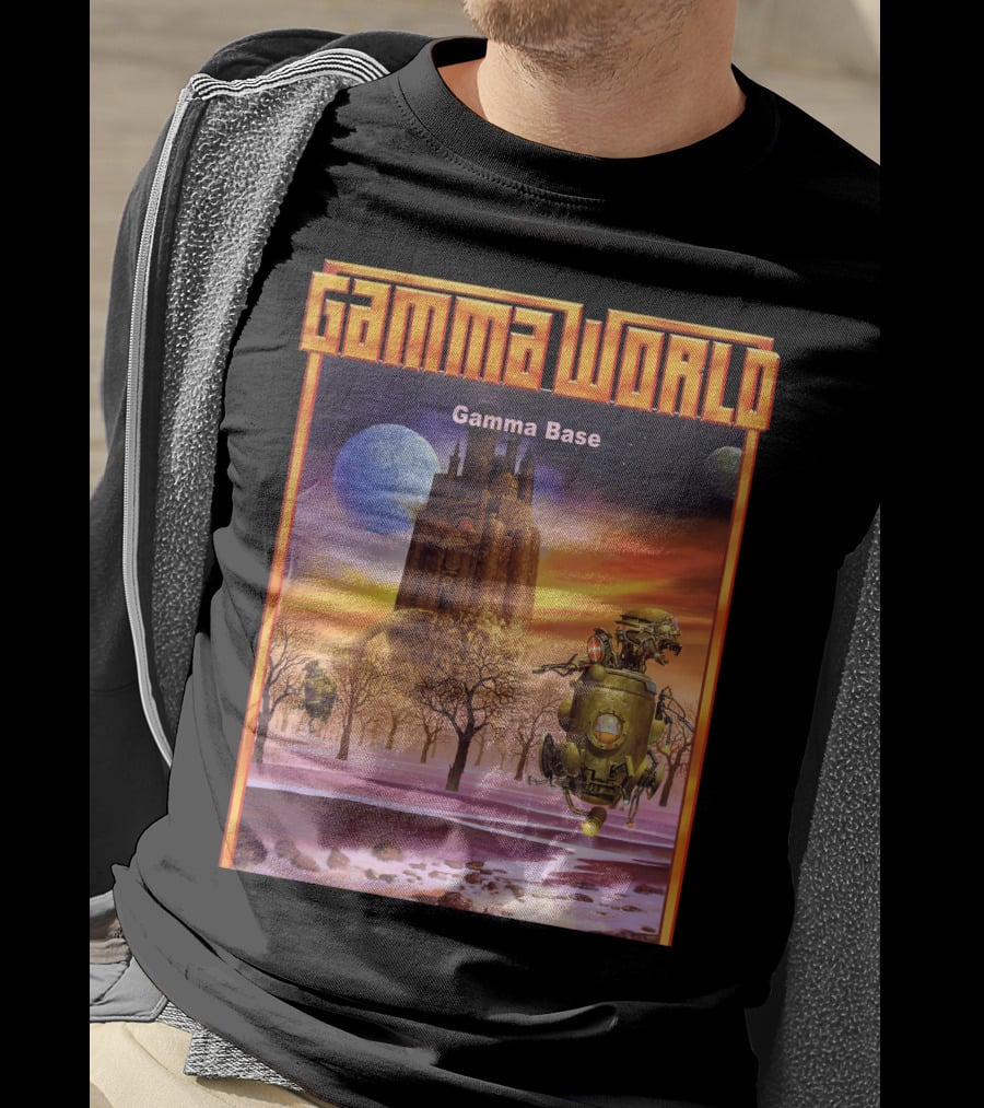 Gamma World Gamma Base Futuristic Castle With Robot On Alien Landscape T-Shirt