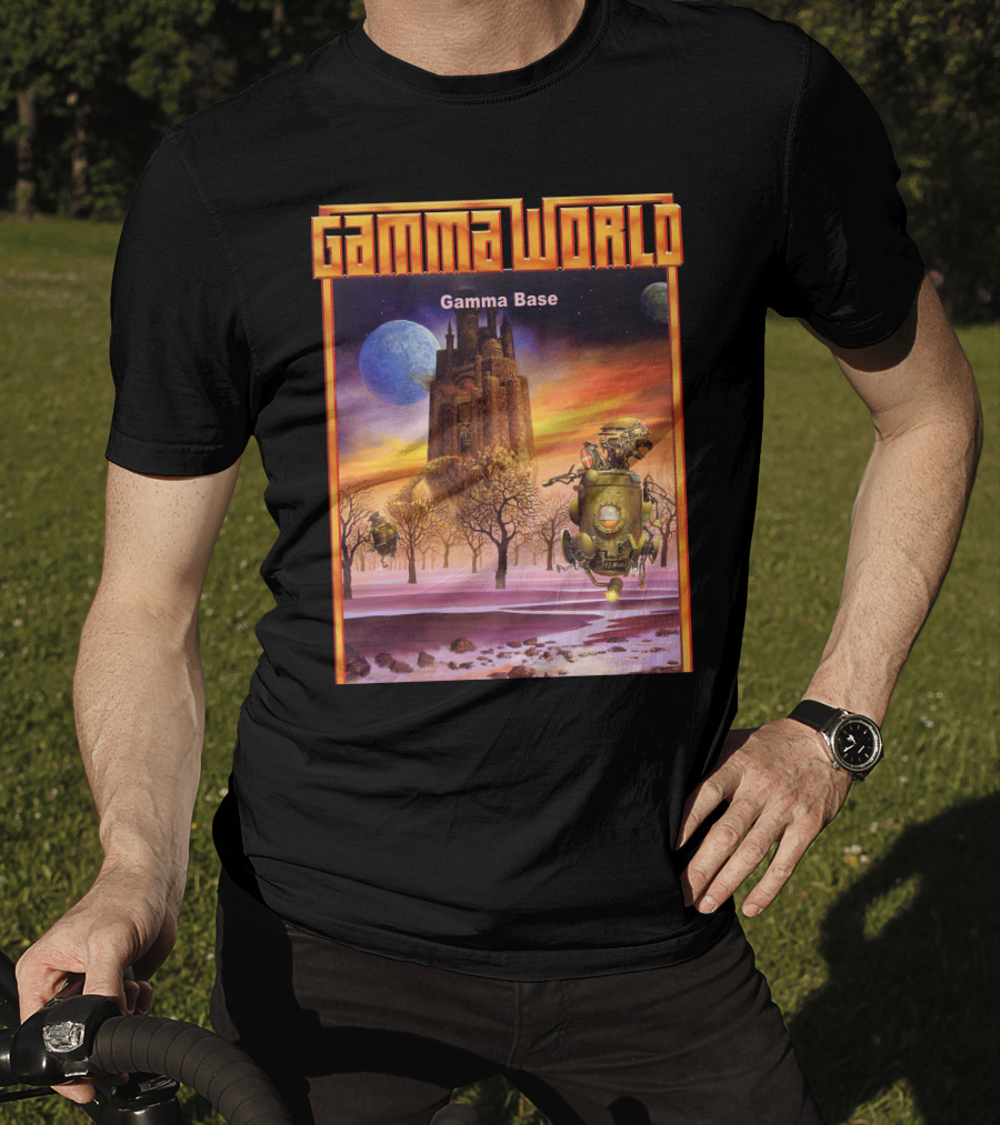 Gamma World Gamma Base Futuristic Castle With Robot On Alien Landscape T-Shirt