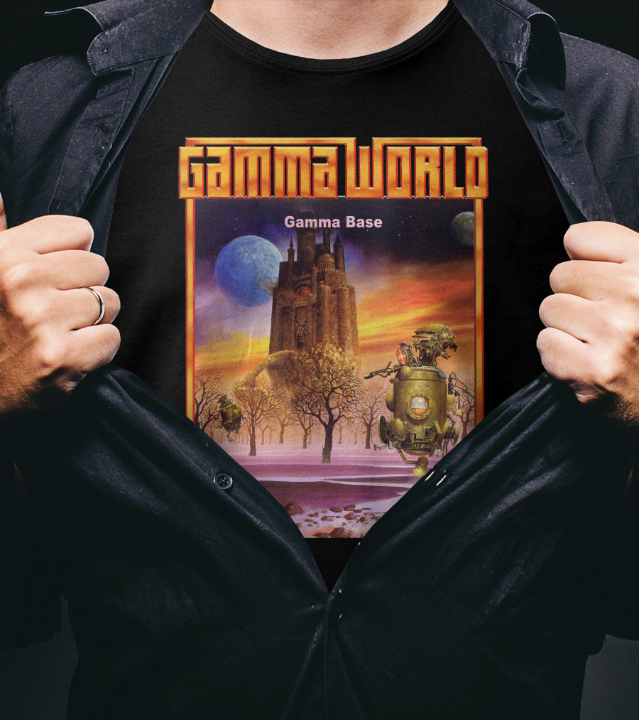 Gamma World Gamma Base Futuristic Castle With Robot On Alien Landscape T-Shirt