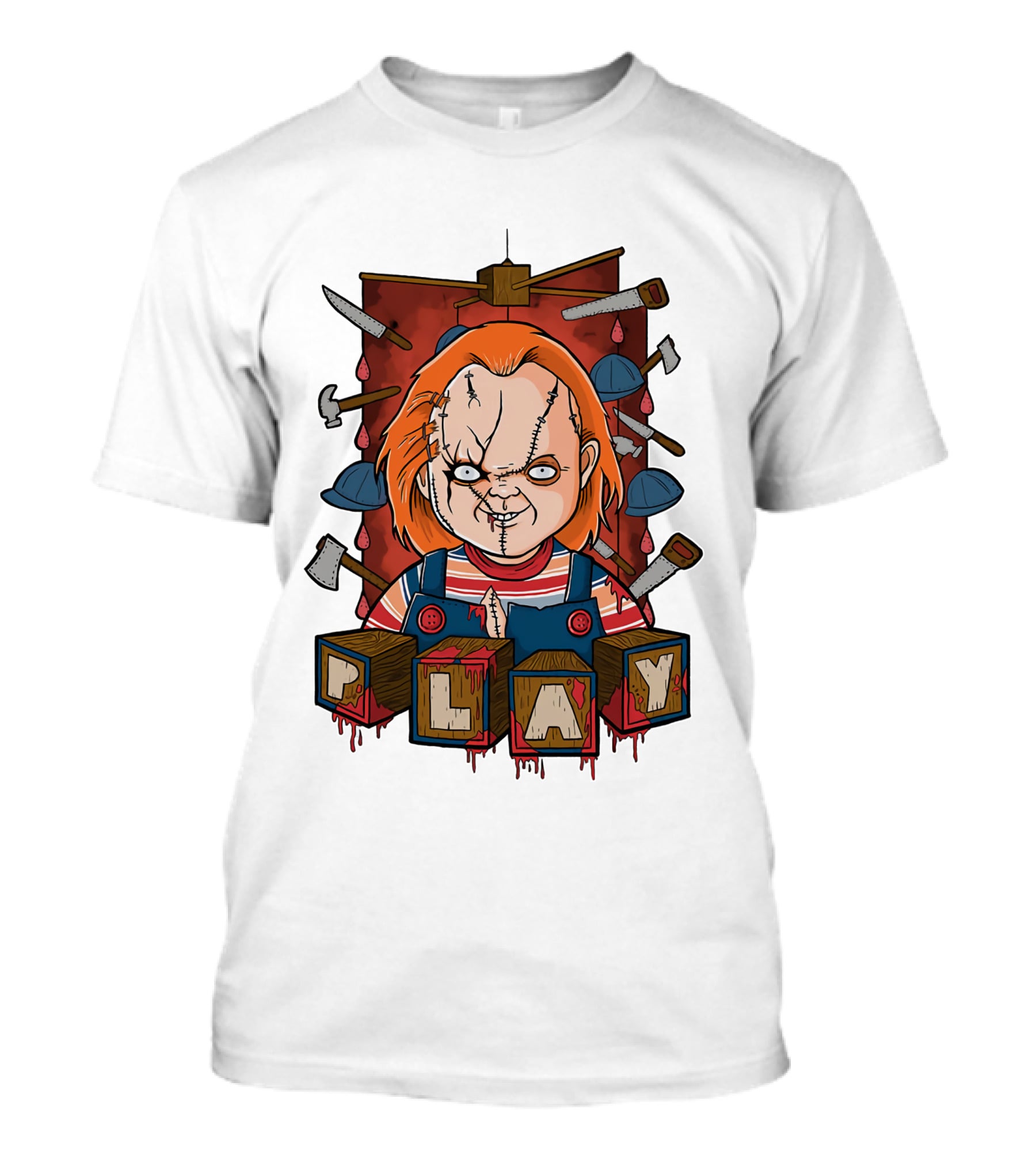 Chucky Blocks With Knives And Axes Background T-Shirt