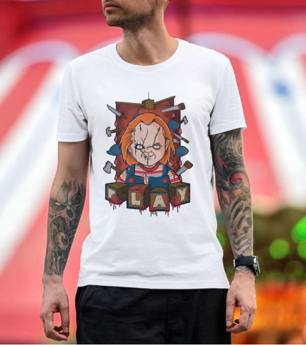 Premium T-Shirt: Chucky Blocks with Knives and Axes Background T-Shirt Chucky Blocks with Knives and Axes Background T-Shirt
