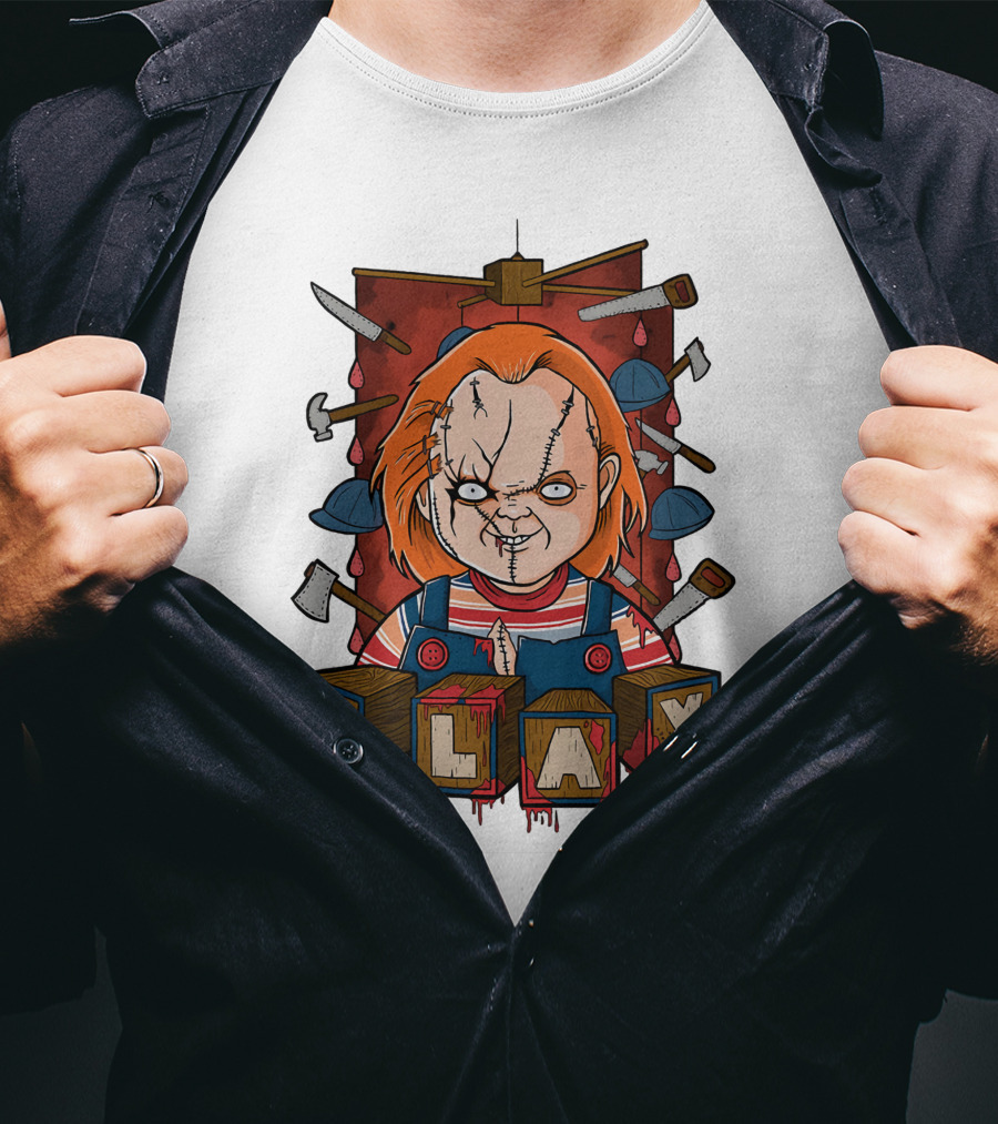 Chucky Blocks With Knives And Axes Background T-Shirt