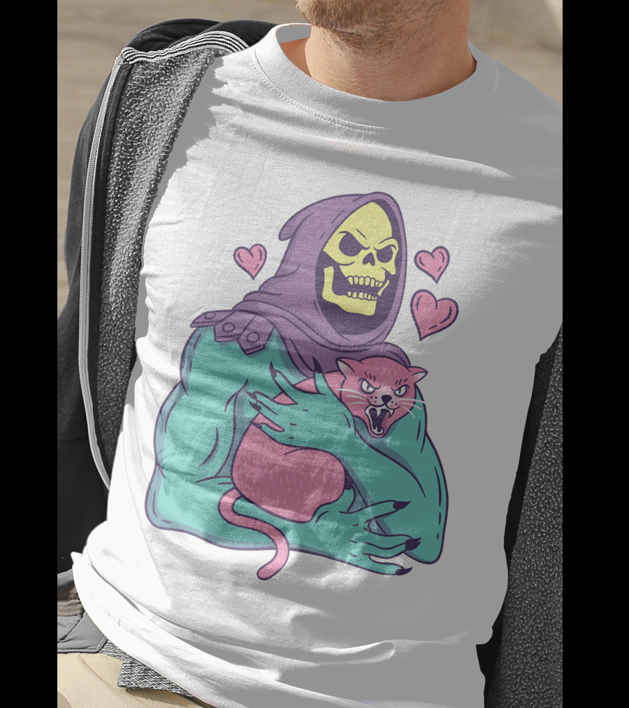 Skeletor Holding Pink Cat With Hearts T-Shirt