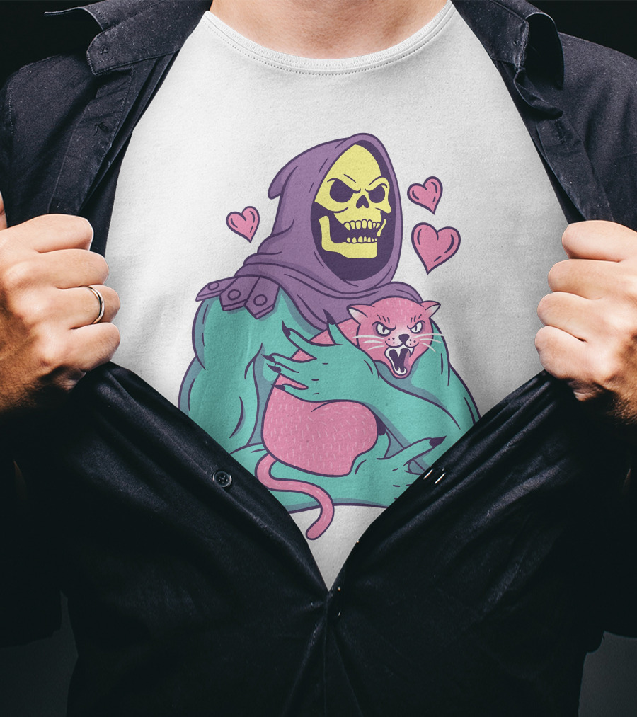 Skeletor Holding Pink Cat With Hearts T-Shirt