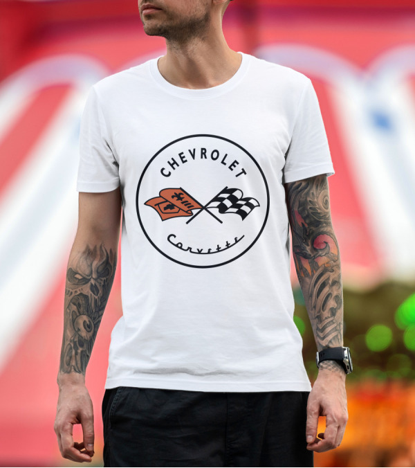 Premium T-Shirt: Chevrolet Corvette 1953 Emblem with Flags T-Shirt Chevrolet Corvette 1953 Emblem with Flags T-Shirt