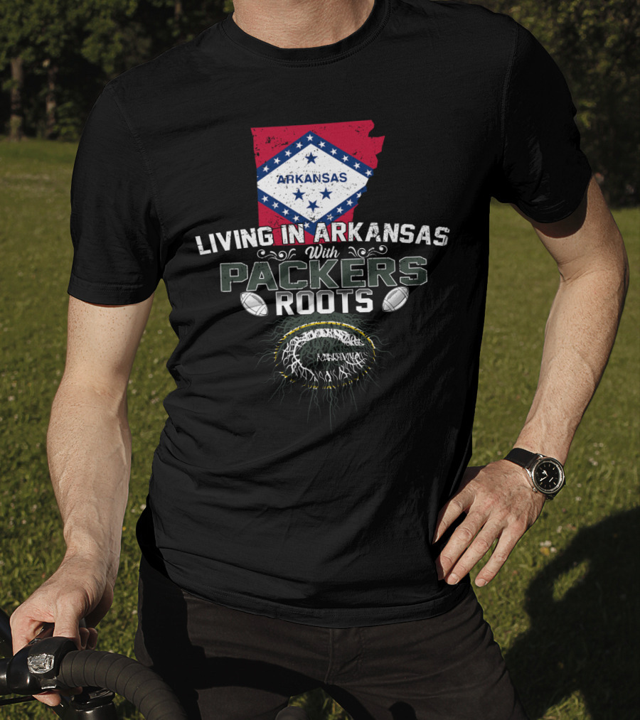 Living In Arkansas Arkansas Flag With Packers Roots Football Graphics T-Shirt