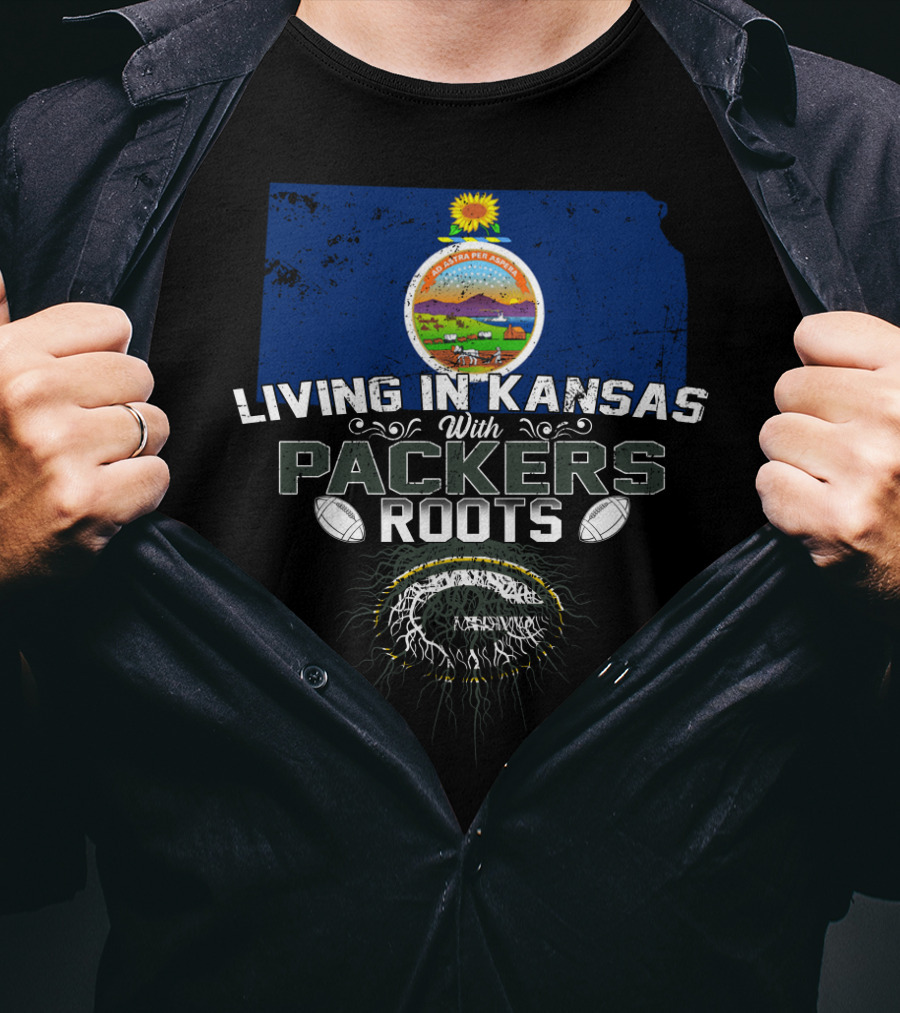 Living In Kansas With Packers Roots Football-Themed Design Featuring State Seal And Football T-Shirt