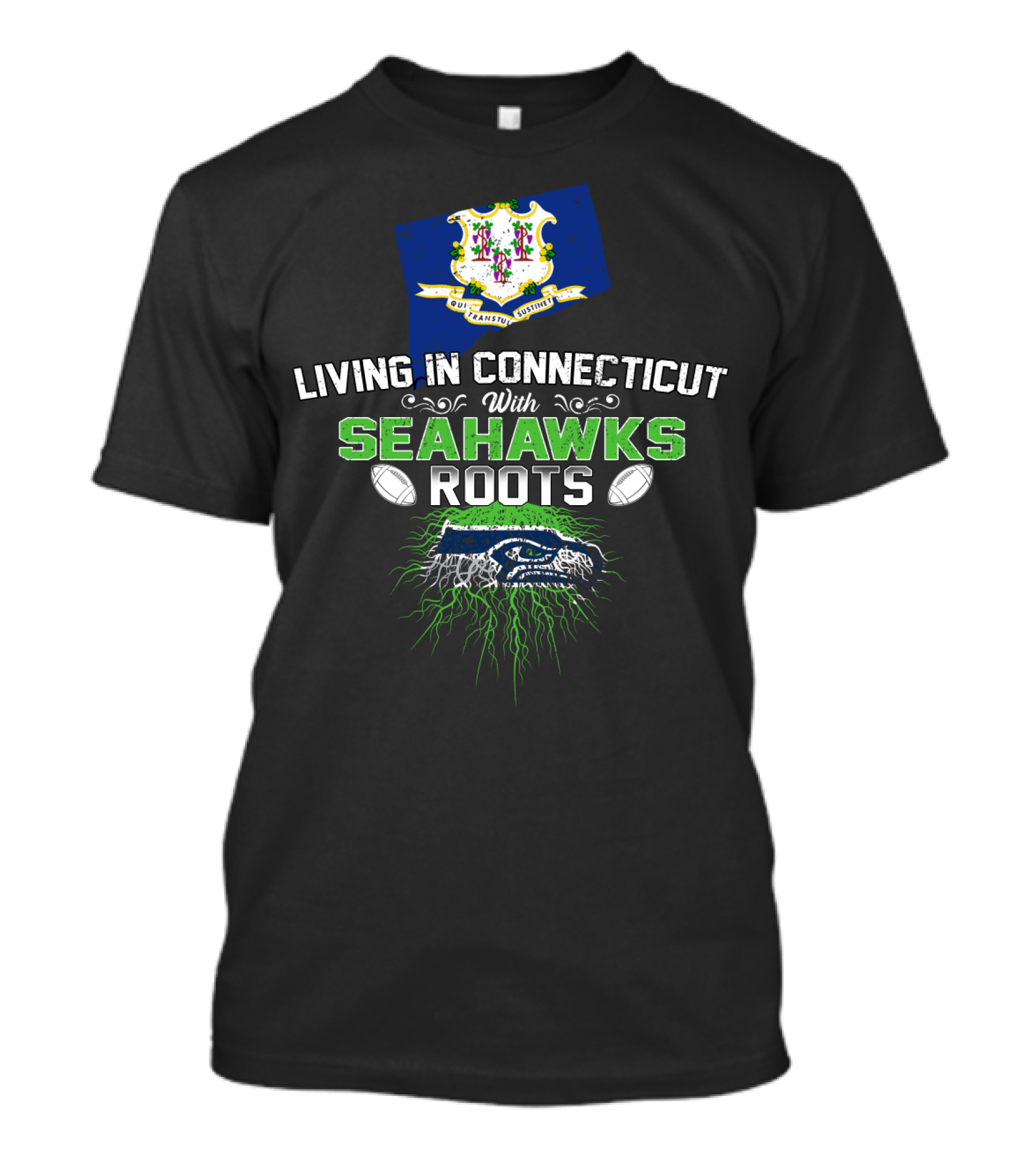 LIVING IN CONNECTICUT WITH SEAHAWKS ROOTS Connecticut Flag Seahawks Logo Football Elements T-Shirt
