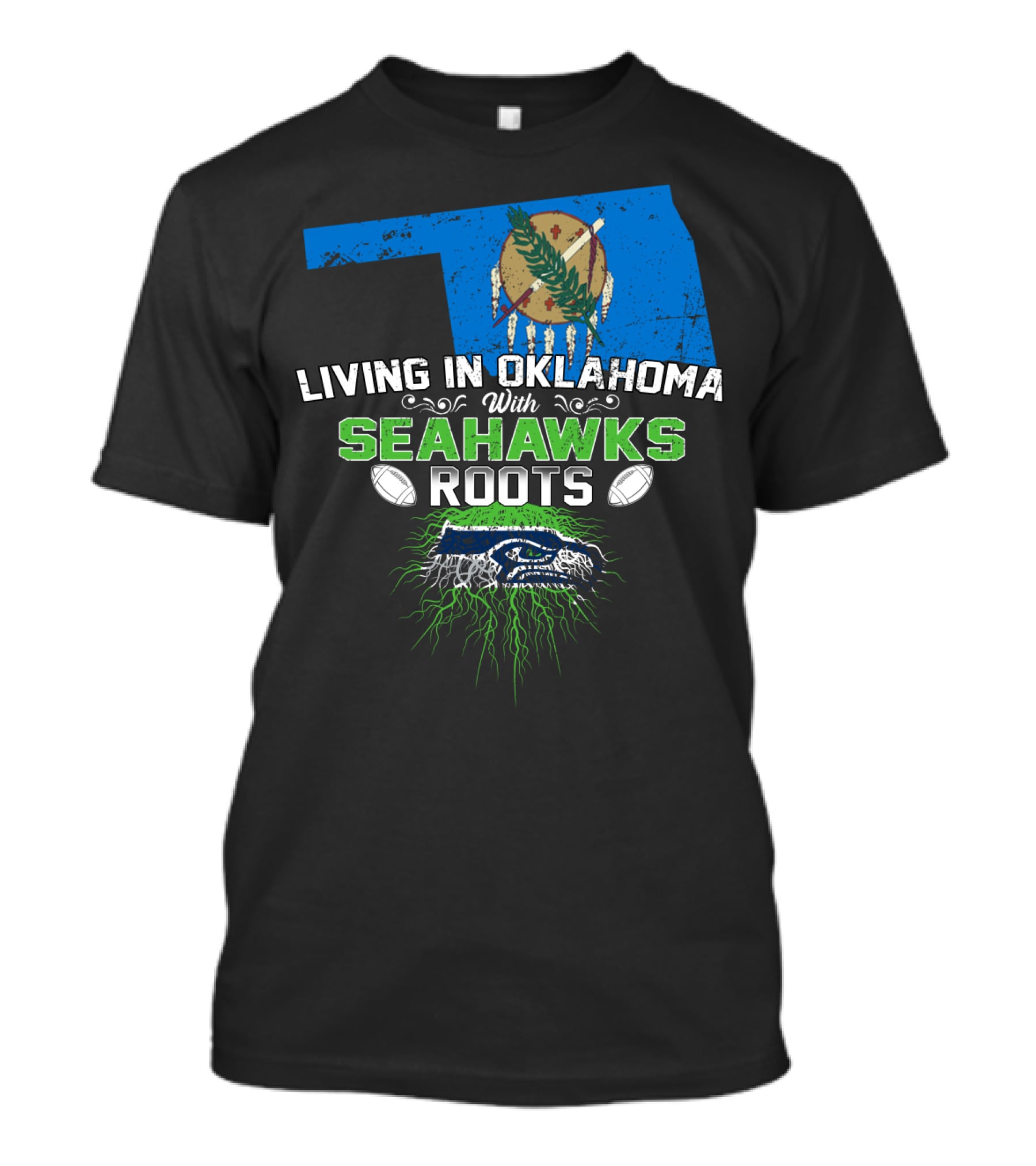 Living In Oklahoma With SEAHAWKS Roots Featuring Oklahoma State And SEAHAWKS Elements T-Shirt