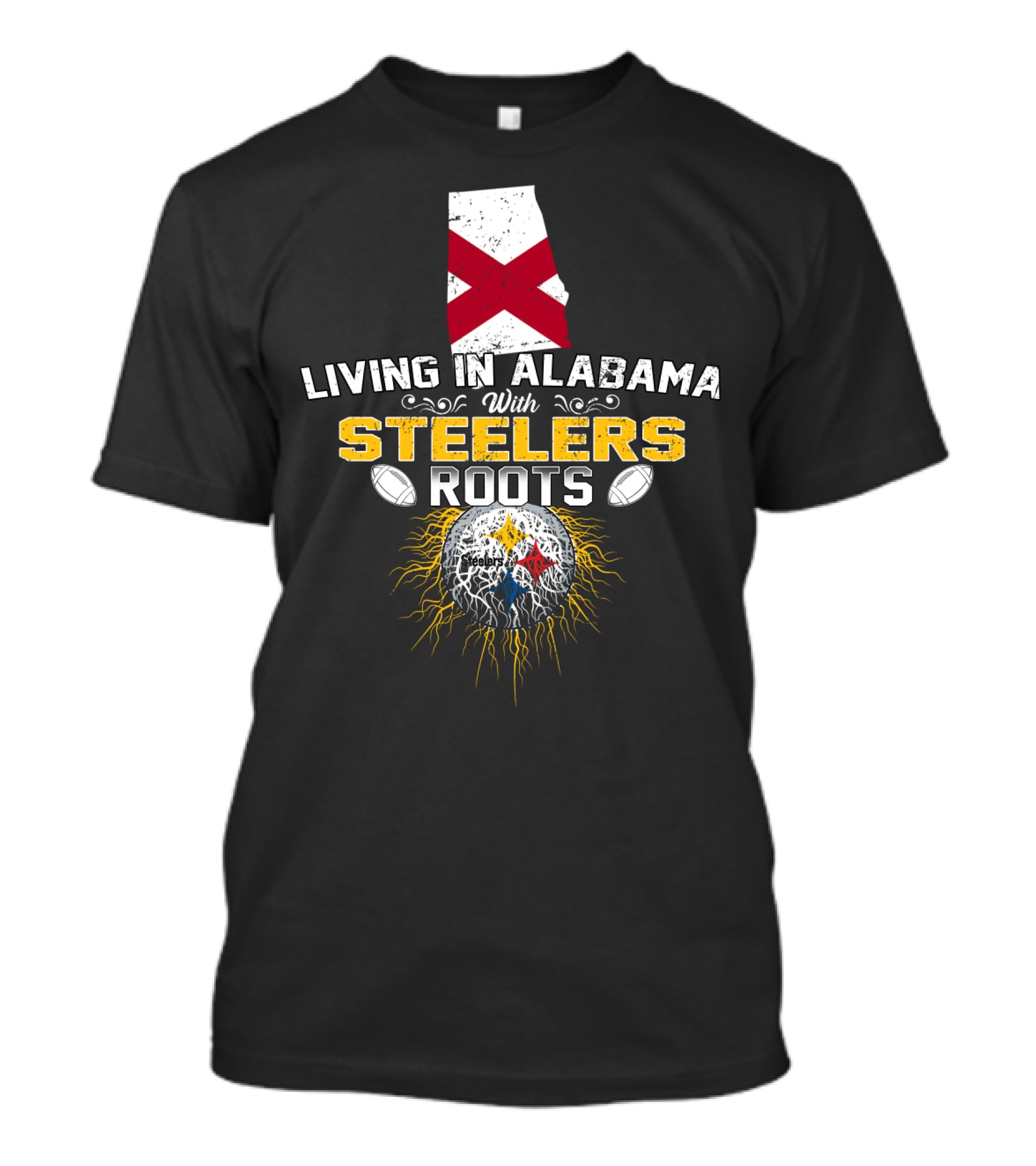 Living In Alabama Embracing STEELERS Roots With State Flag And Football Elements T-Shirt