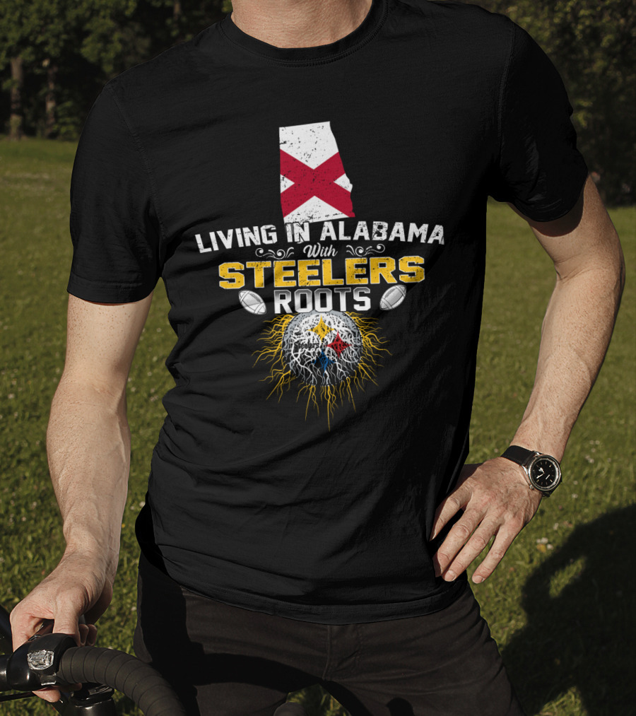 Living In Alabama Embracing STEELERS Roots With State Flag And Football Elements T-Shirt