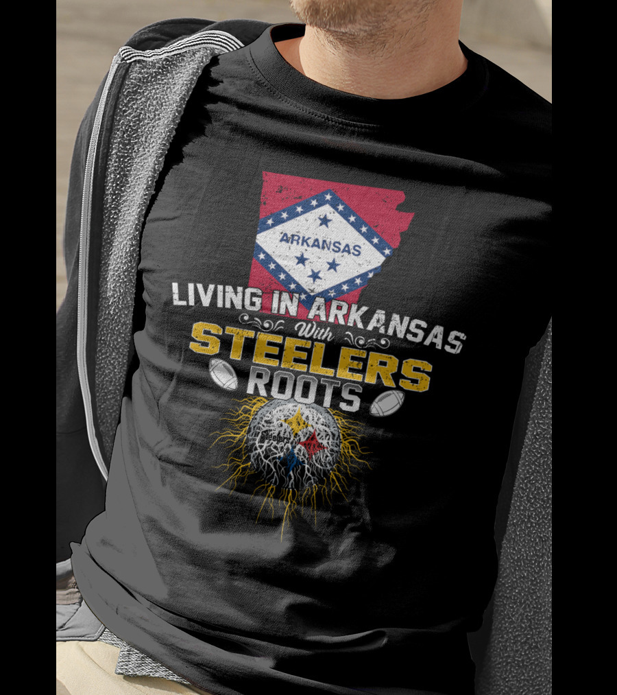 Living In Arkansas With STEELERS Roots Arkansas Flag NFL Football Emblem T-Shirt