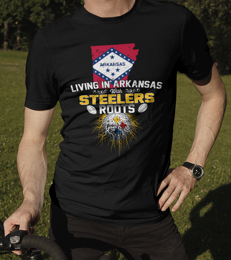 Living In Arkansas With STEELERS Roots Arkansas Flag NFL Football Emblem T-Shirt