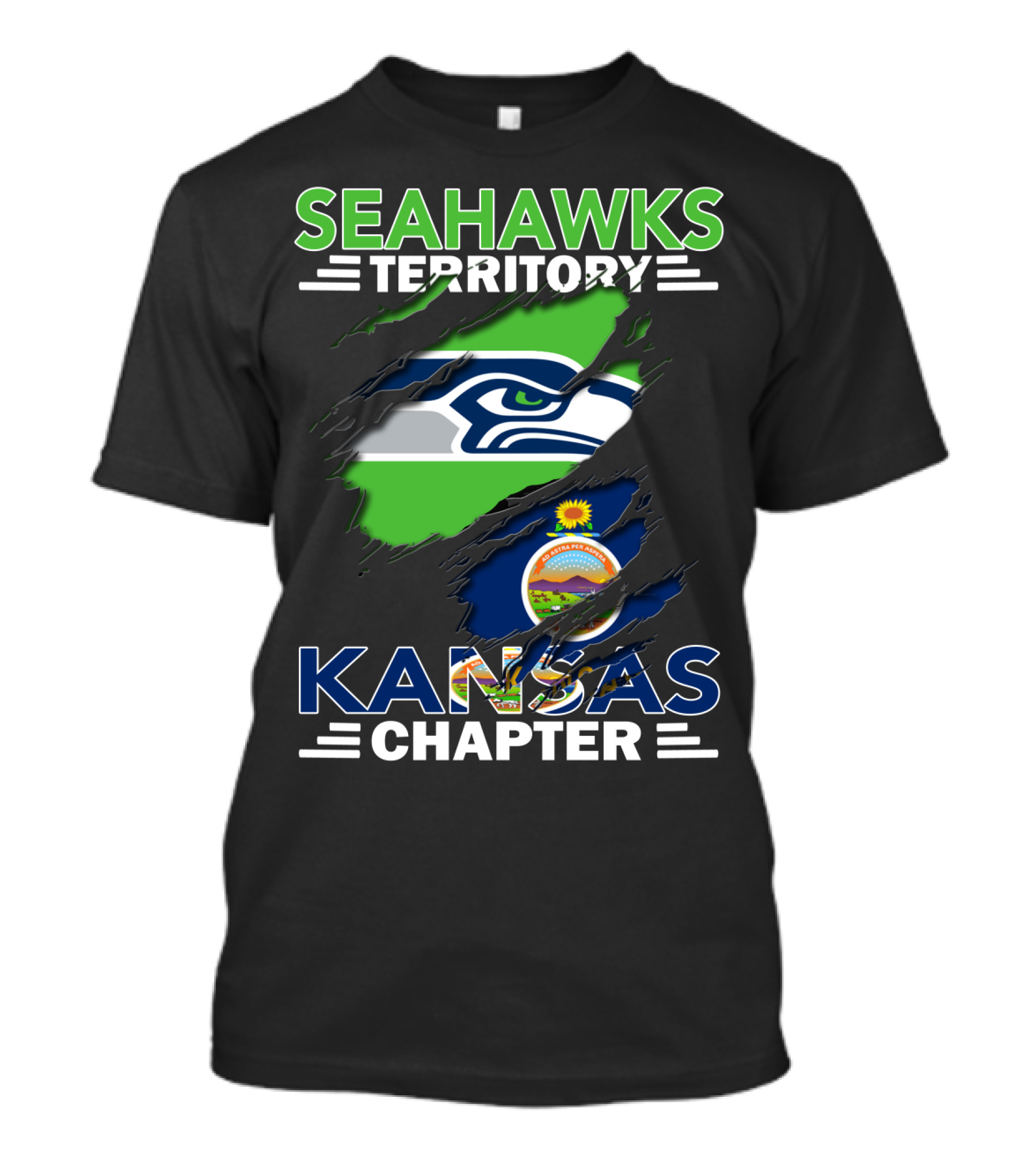 Seahawks Territory Kansas Chapter Logo With Seattle Seahawks And Kansas Flag Elements T-Shirt