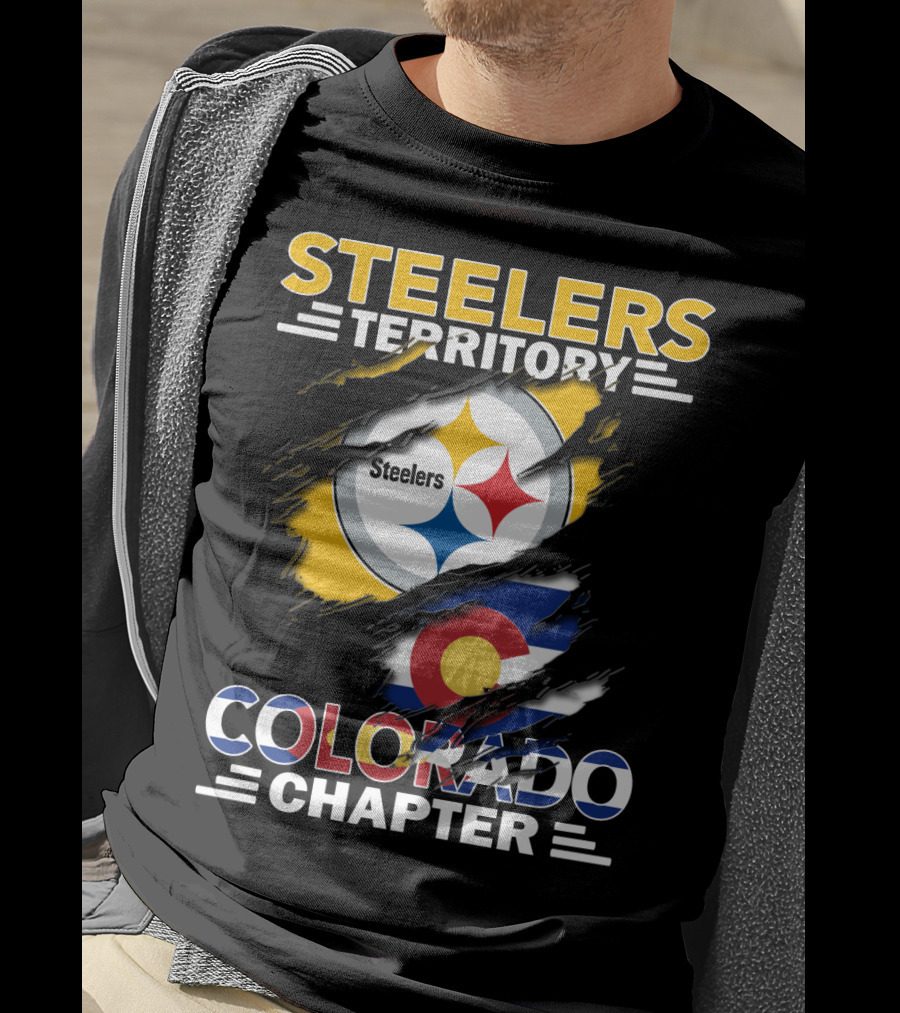 Steelers Territory Colorado Chapter Logo With Colorado Flag And Steelers T-Shirt