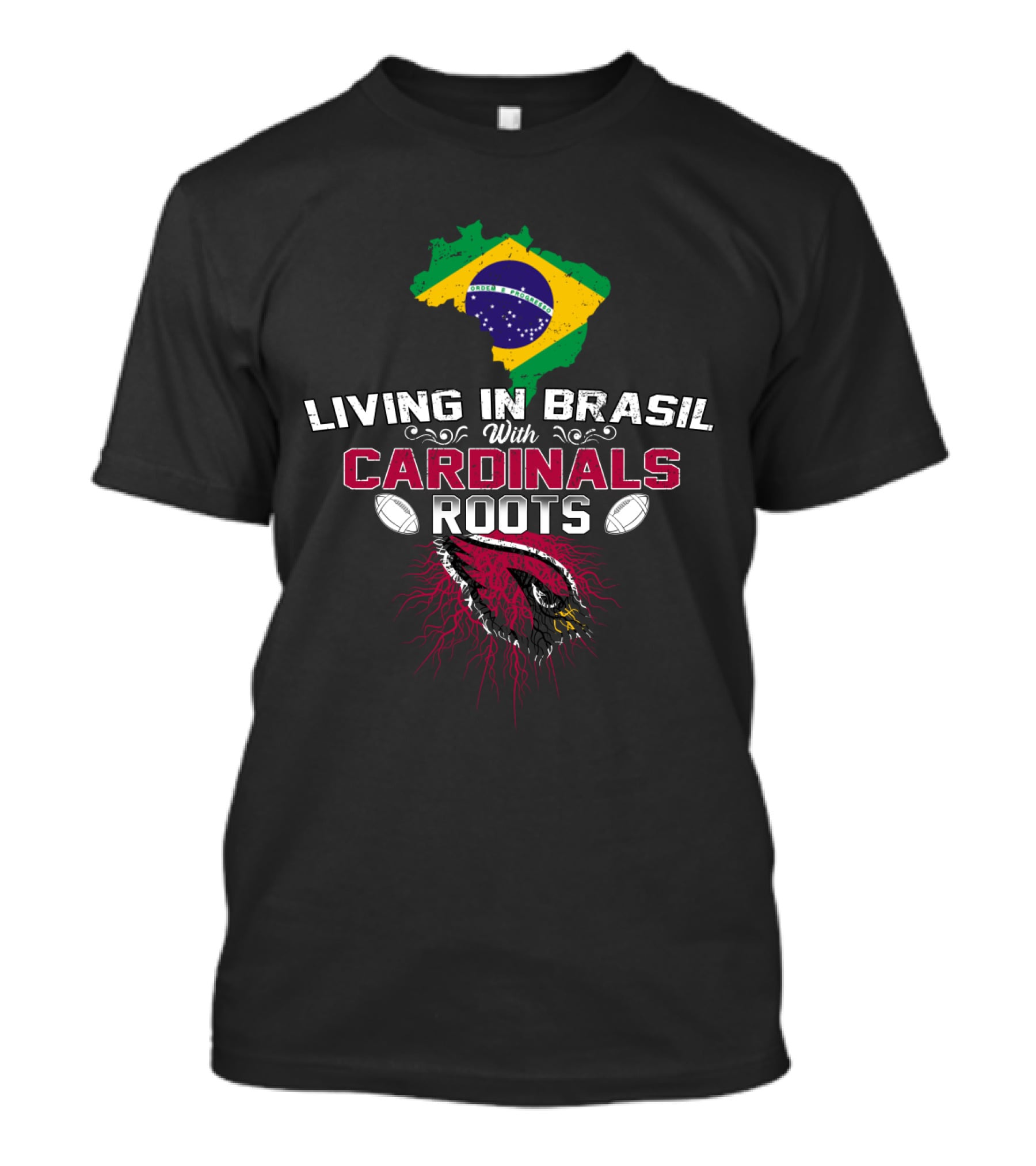 Living In Brasil With Cardinals Roots Brazil Flag And Football Elements T-Shirt