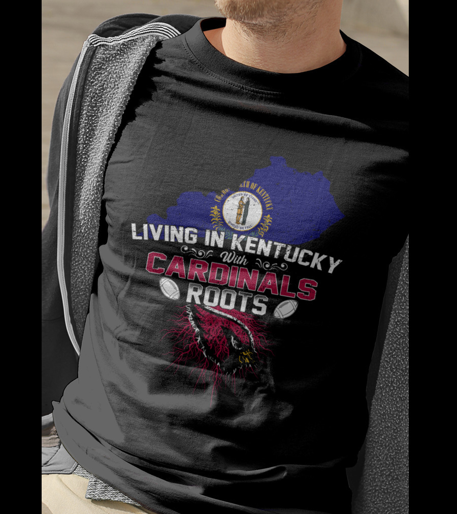 Living In Kentucky With Cardinals Roots Kentucky State Map Crest Football Helmet T-Shirt