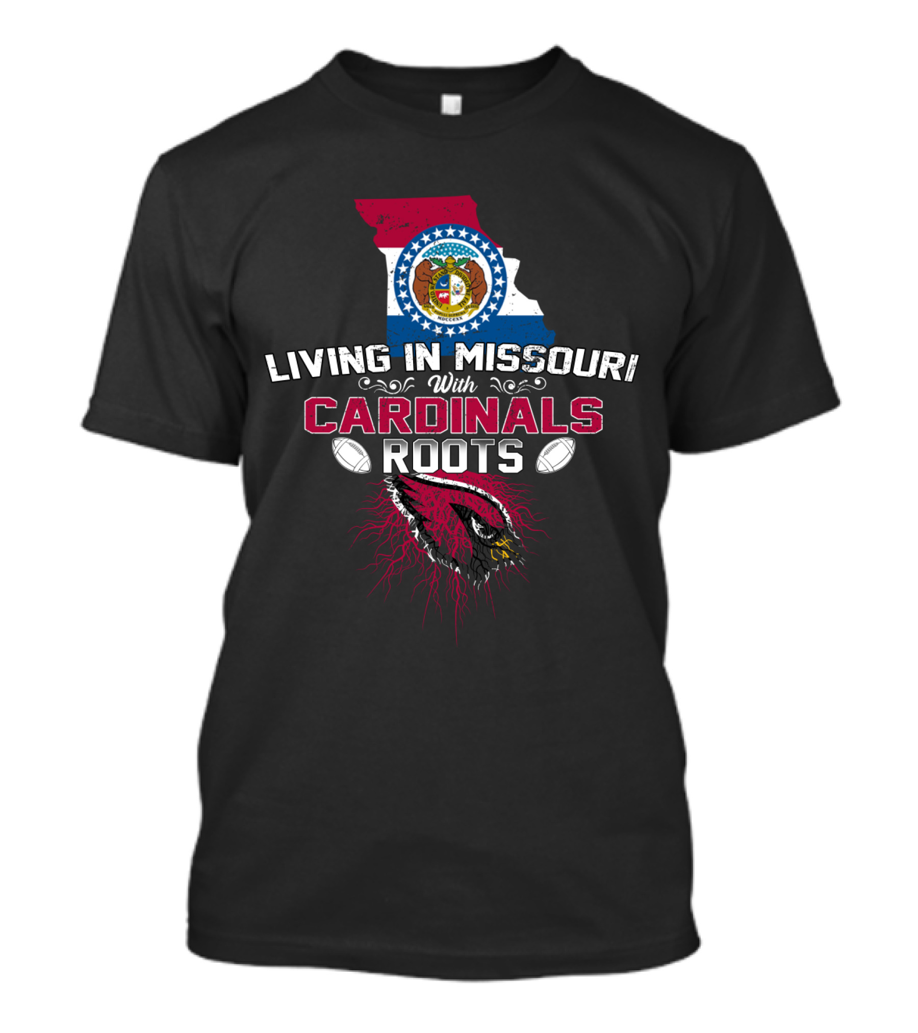 Living In Missouri With NFL Cardinals Roots And State Flag T-Shirt