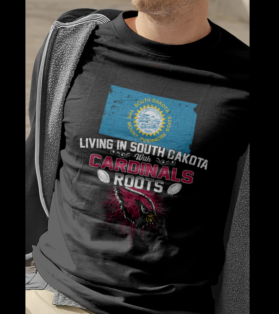 Living In South Dakota With Cardinals Roots South Dakota State Map Flag Football Helmet T-Shirt