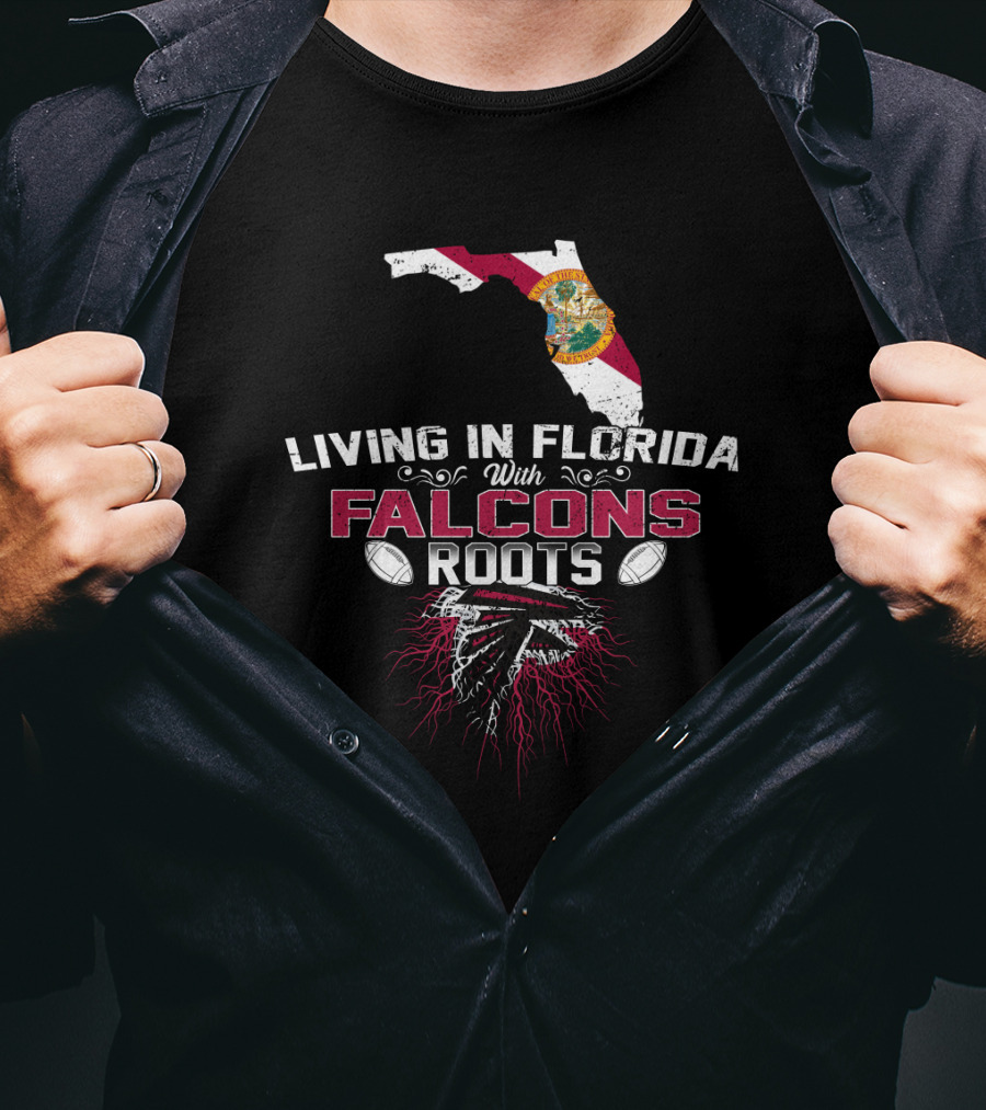 Living In Florida With Falcons Roots State Map And Football Graphics T-Shirt