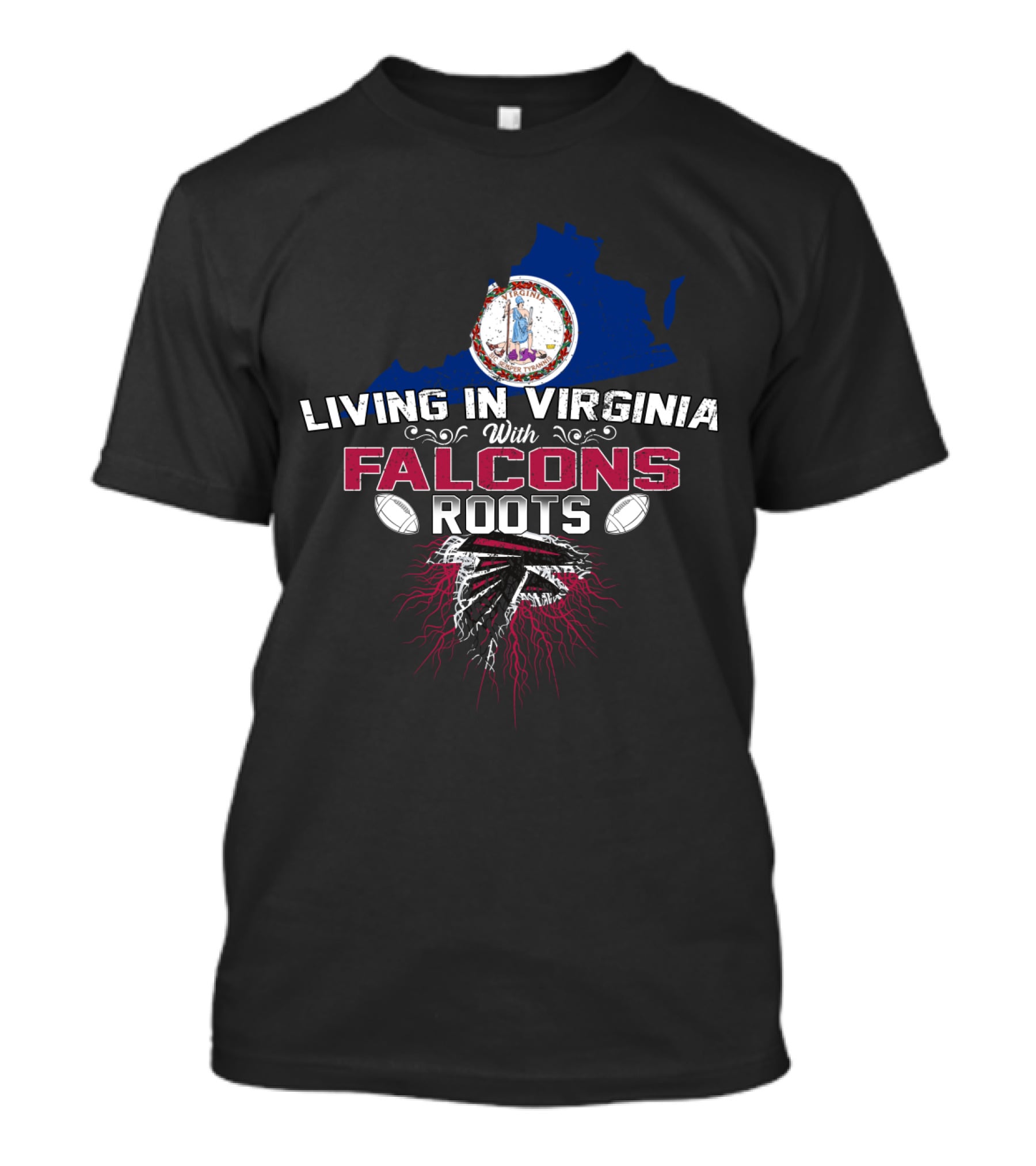 Living In Virginia With Falcons Roots Virginia Map And Football Team T-Shirt