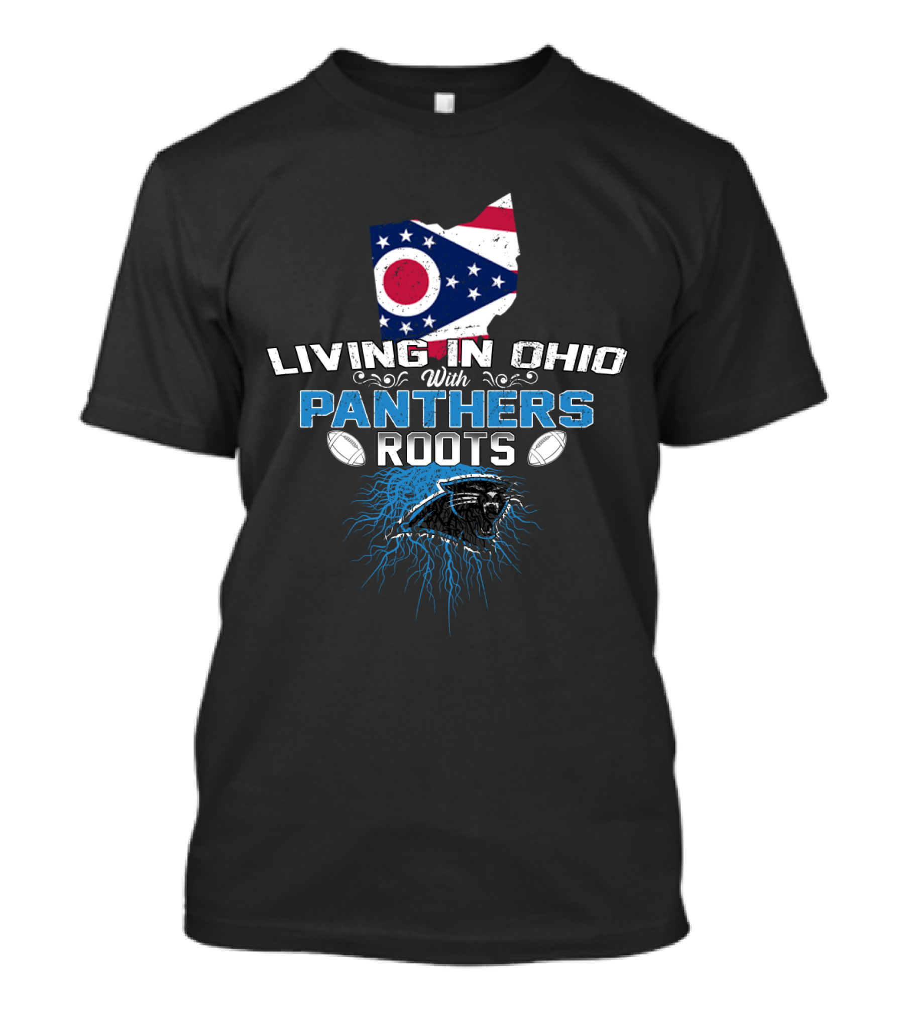Living In Ohio With Panthers Roots Flag Map Football Panther Head T-Shirt
