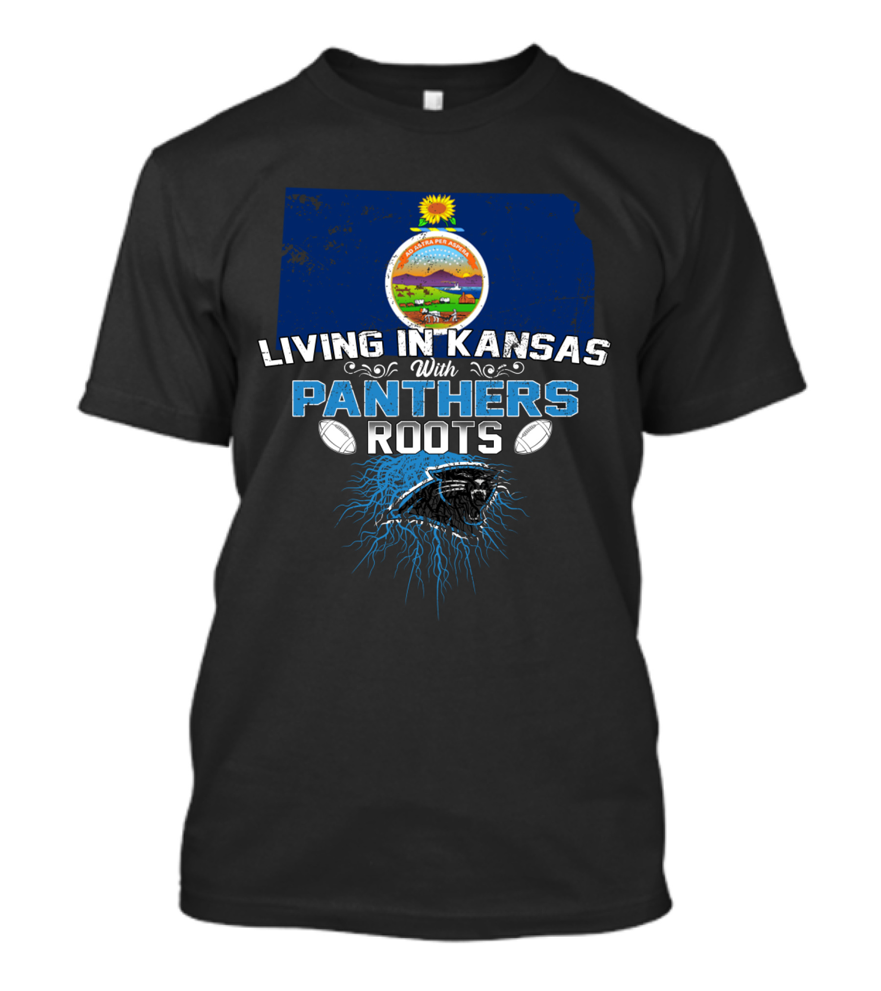 Living In Kansas With Panthers Roots Kansas State Outline And Panther Emblem With Footballs T-Shirt