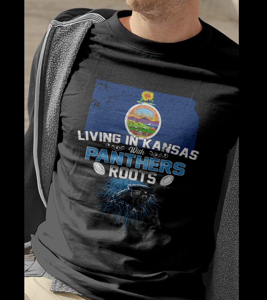 Living In Kansas With Panthers Roots Kansas State Outline And Panther Emblem With Footballs T-Shirt