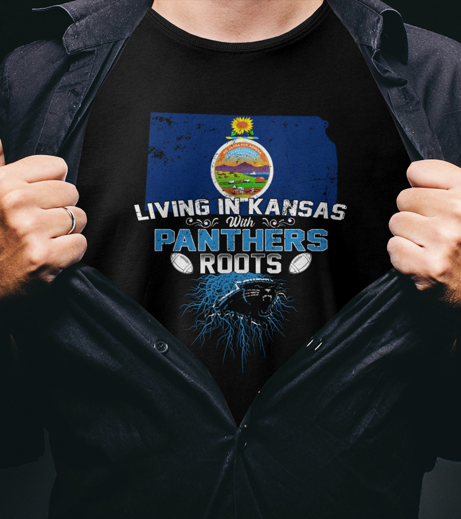 Living In Kansas With Panthers Roots Kansas State Outline And Panther Emblem With Footballs T-Shirt