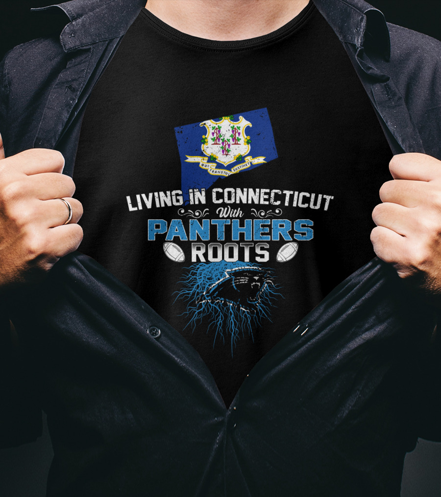Living In Connecticut With Panthers Roots Connecticut State Map Panthers Logo Background T-Shirt