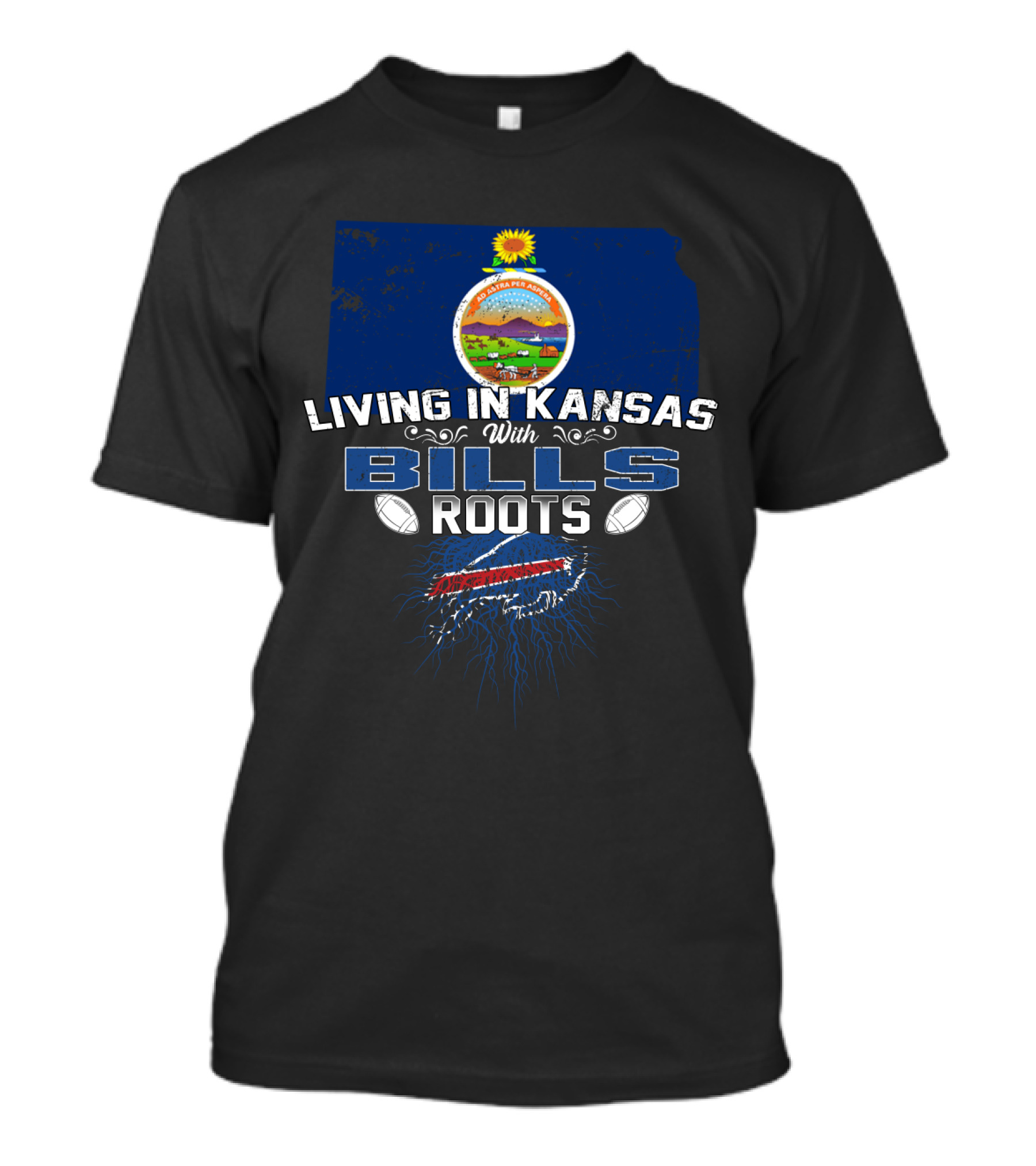 Living In Kansas With Buffalo Bills Roots And Kansas State Seal T-Shirt