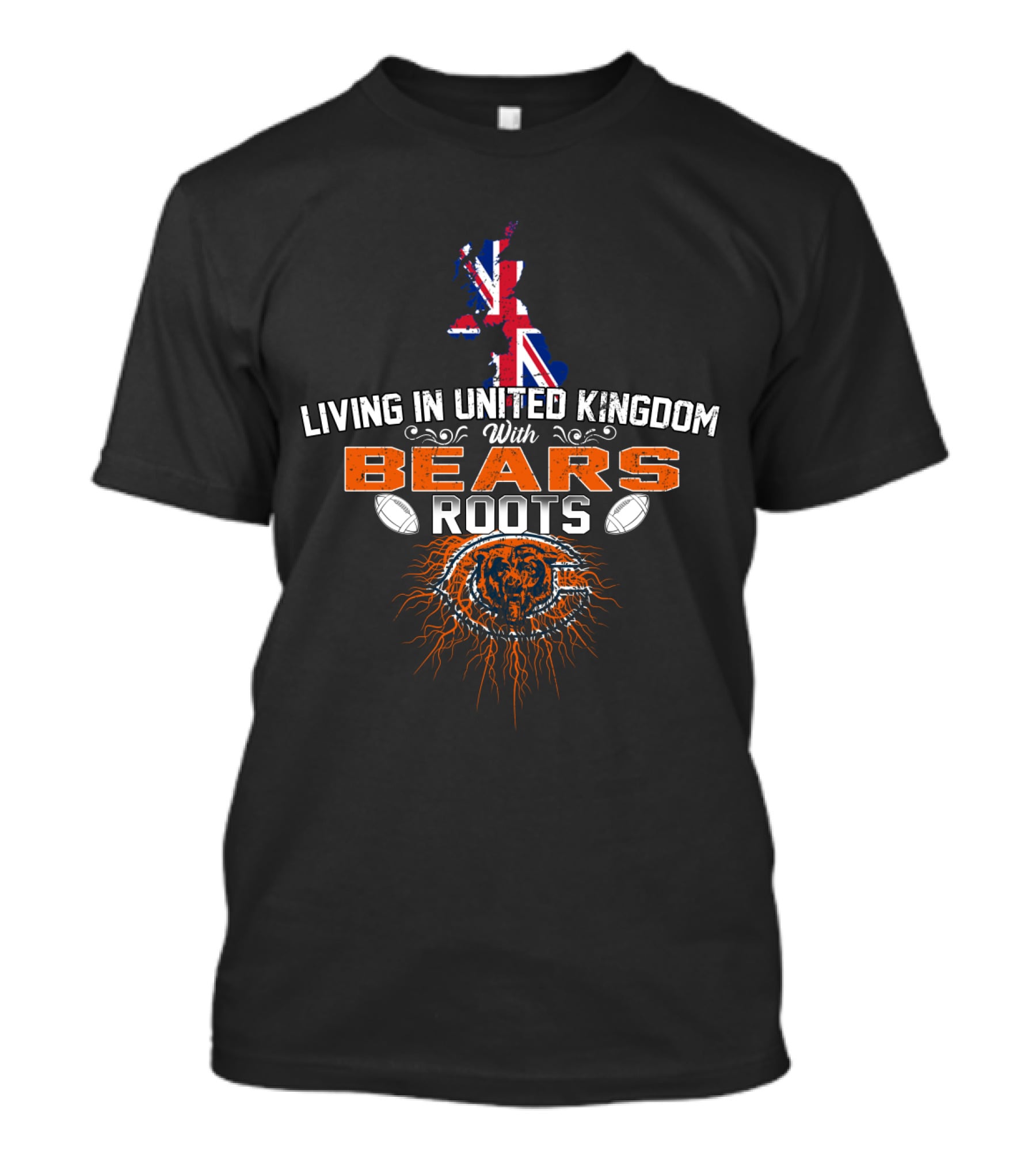Living In United Kingdom With Chicago Bears Roots And Union Jack Map T-Shirt