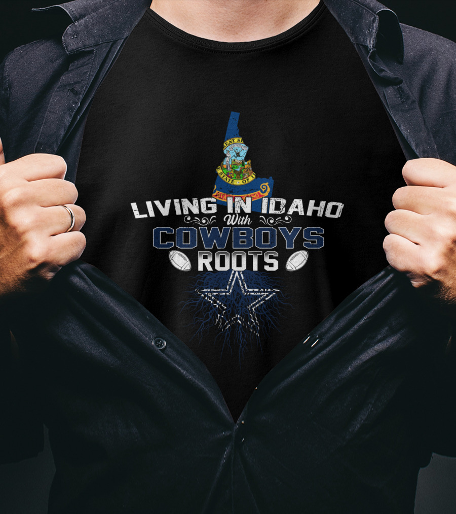 Living In Idaho With Cowboys Roots Emblem Football Star Map T-Shirt