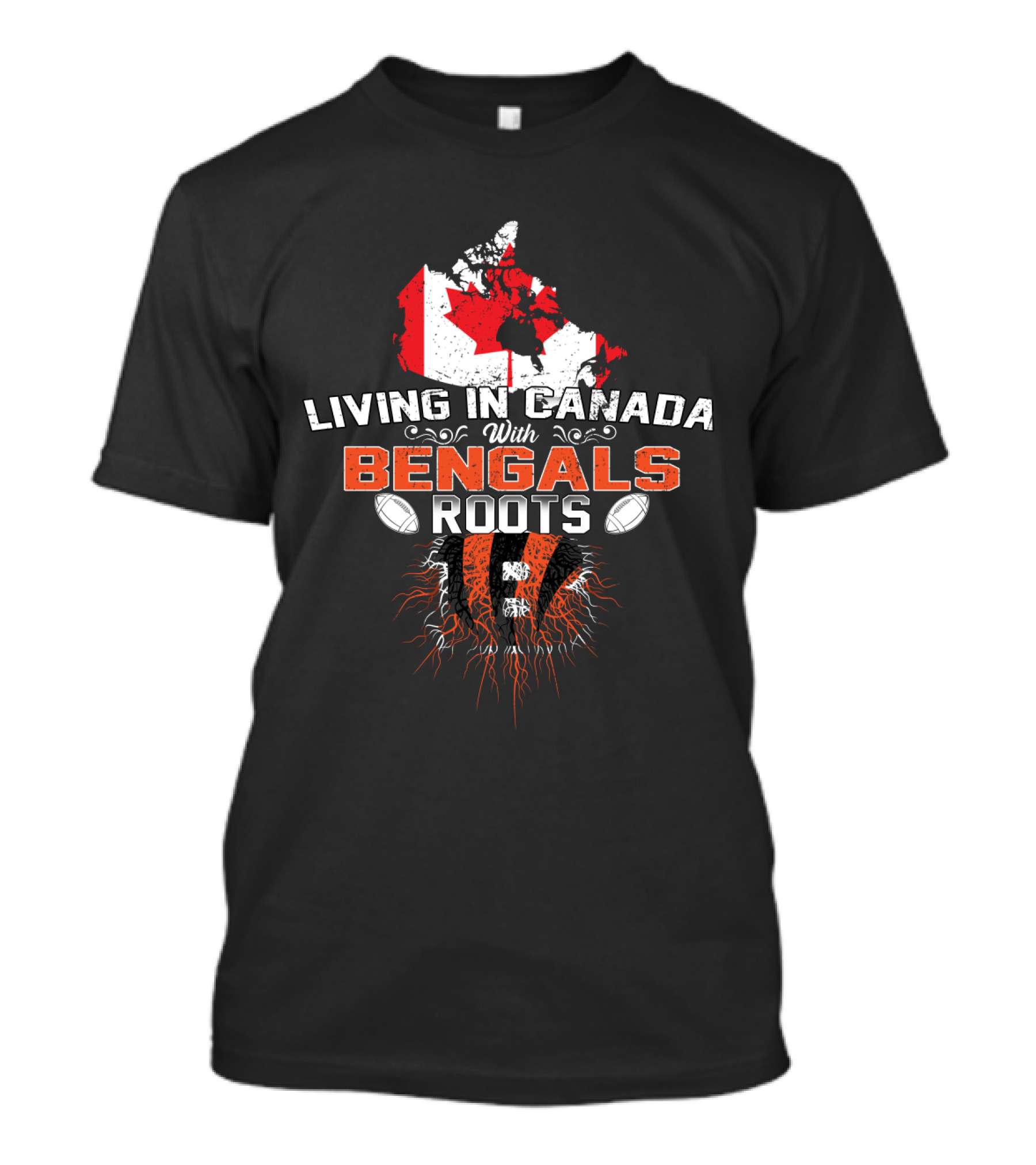 Living In Canada With Bengals Roots Map Flag Football Passion T-Shirt
