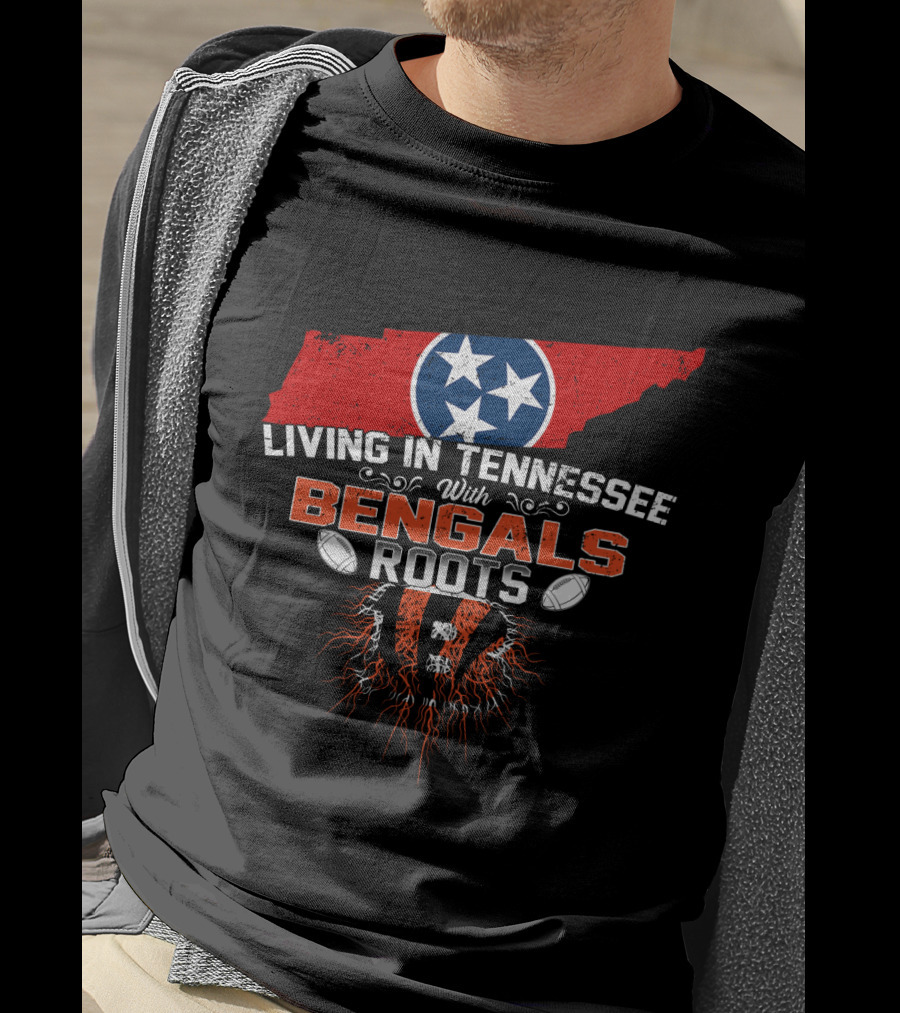 Living In Tennessee With Cincinnati Bengals Roots Football Fan Map T-Shirt
